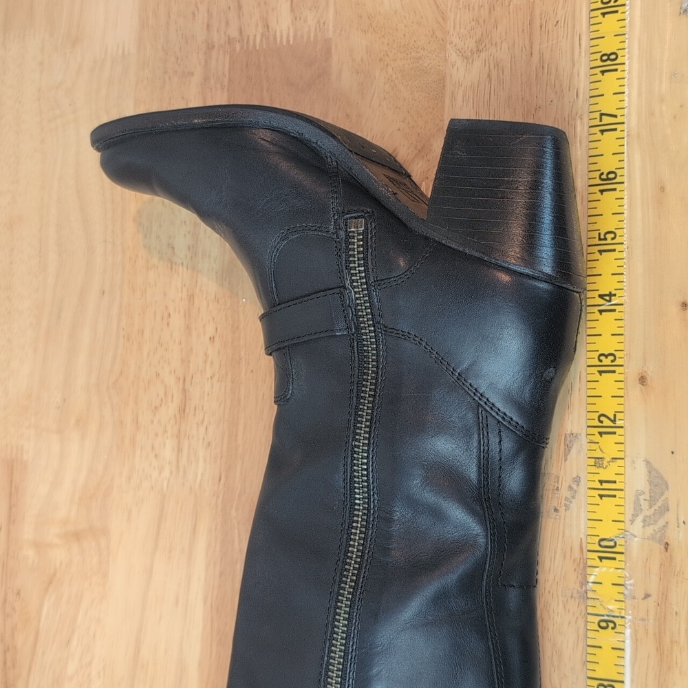 Frye Leather Black Knee High Women's Western Strappy Boots Stacked Heel - Picture 15 of 15